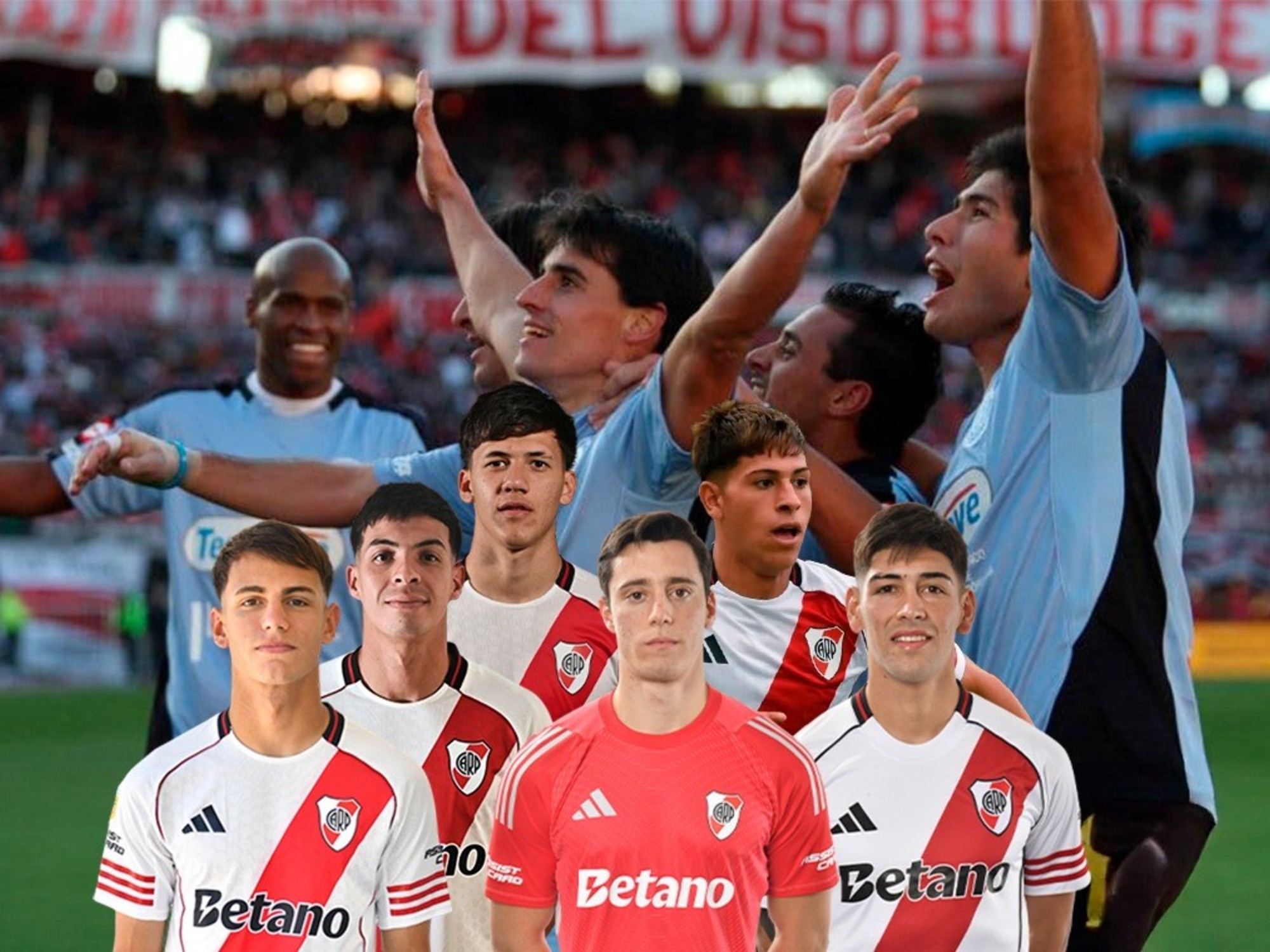 Jóvenes futbolistas de River Plate en una sesión de entrenamiento, preparándose para un partido importante.