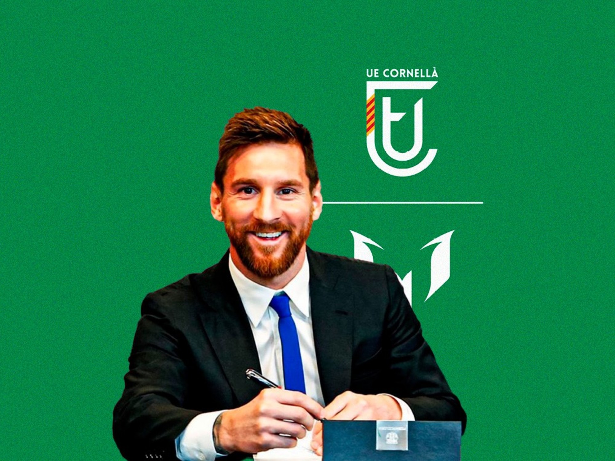 Lionel Messi sonriendo con una camiseta del UE Cornellá en la mano, o una imagen de un equipo de fútbol femenino entrenando en un campo.
