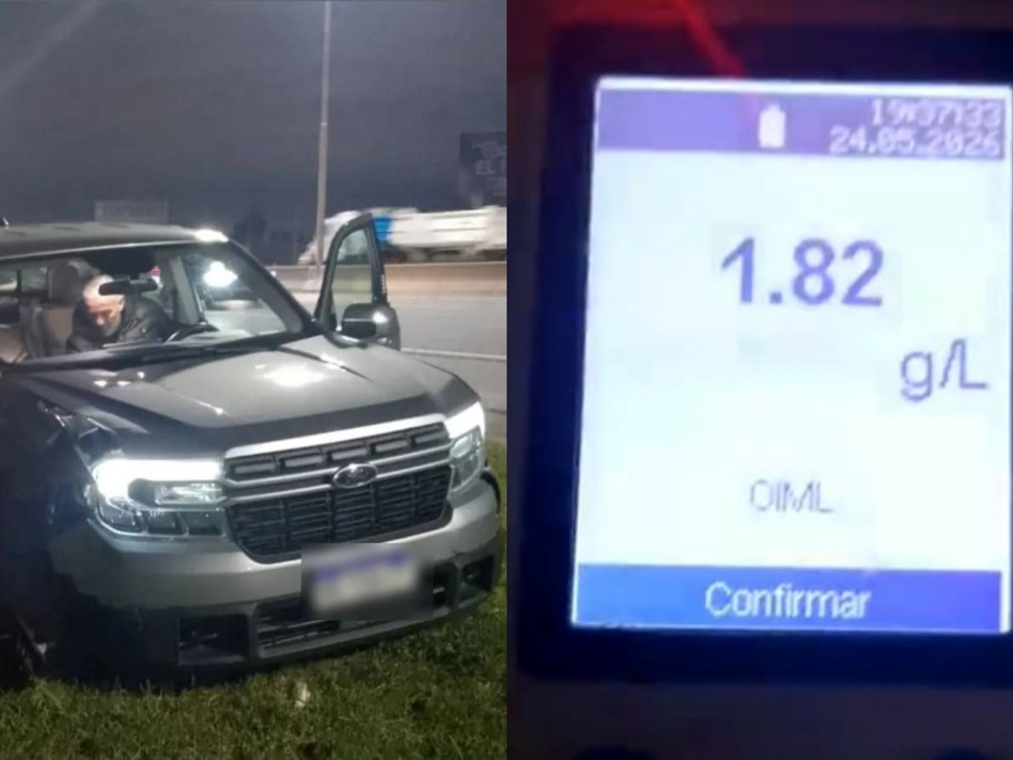 Un policía herido siendo asistido cerca de una camioneta Ford Maverick en la Autopista Buenos Aires-La Plata.