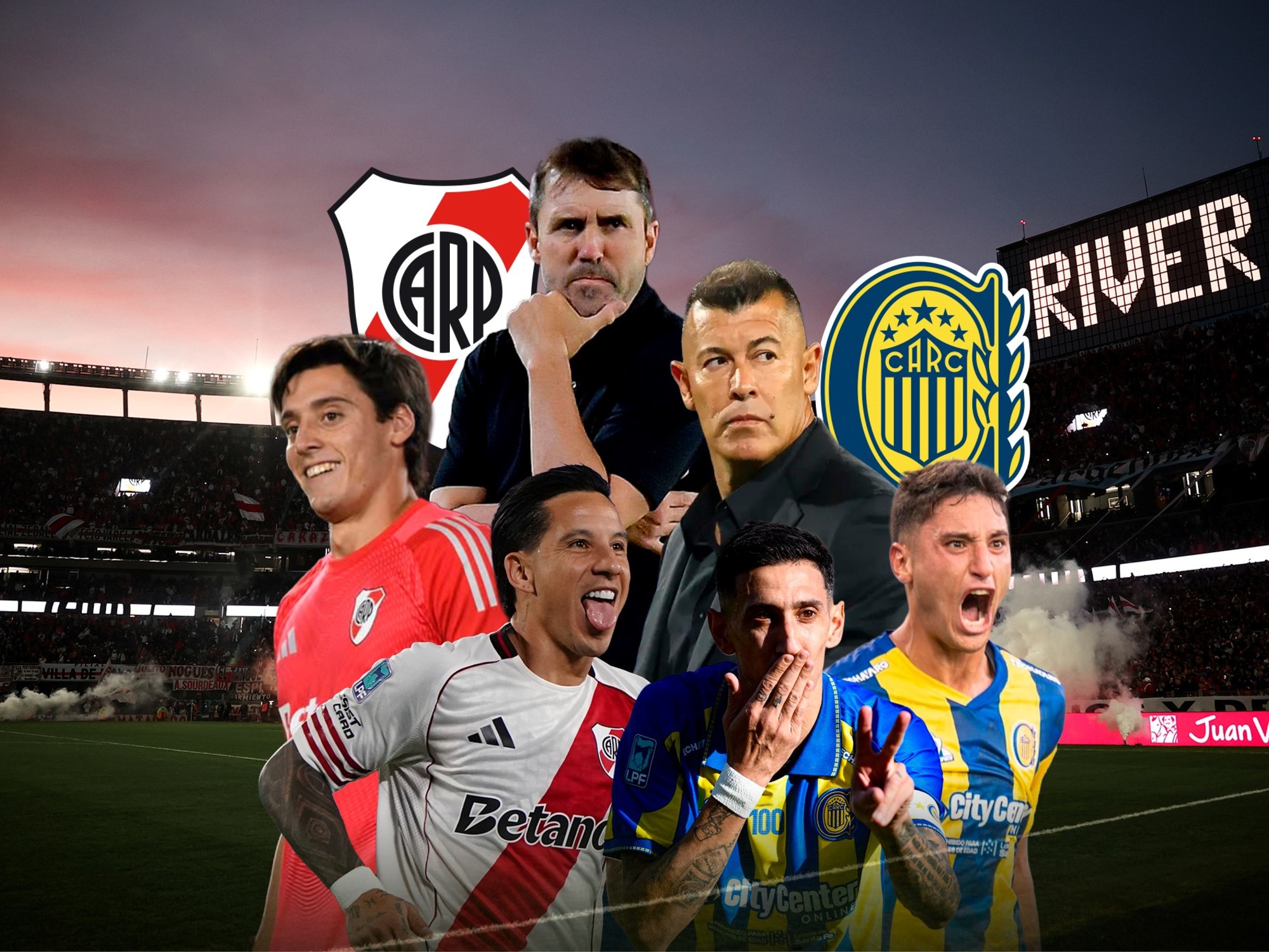 Futbolistas de River Plate y Rosario Central disputando un balón en un estadio de fútbol argentino ante una gran concurrencia de público.