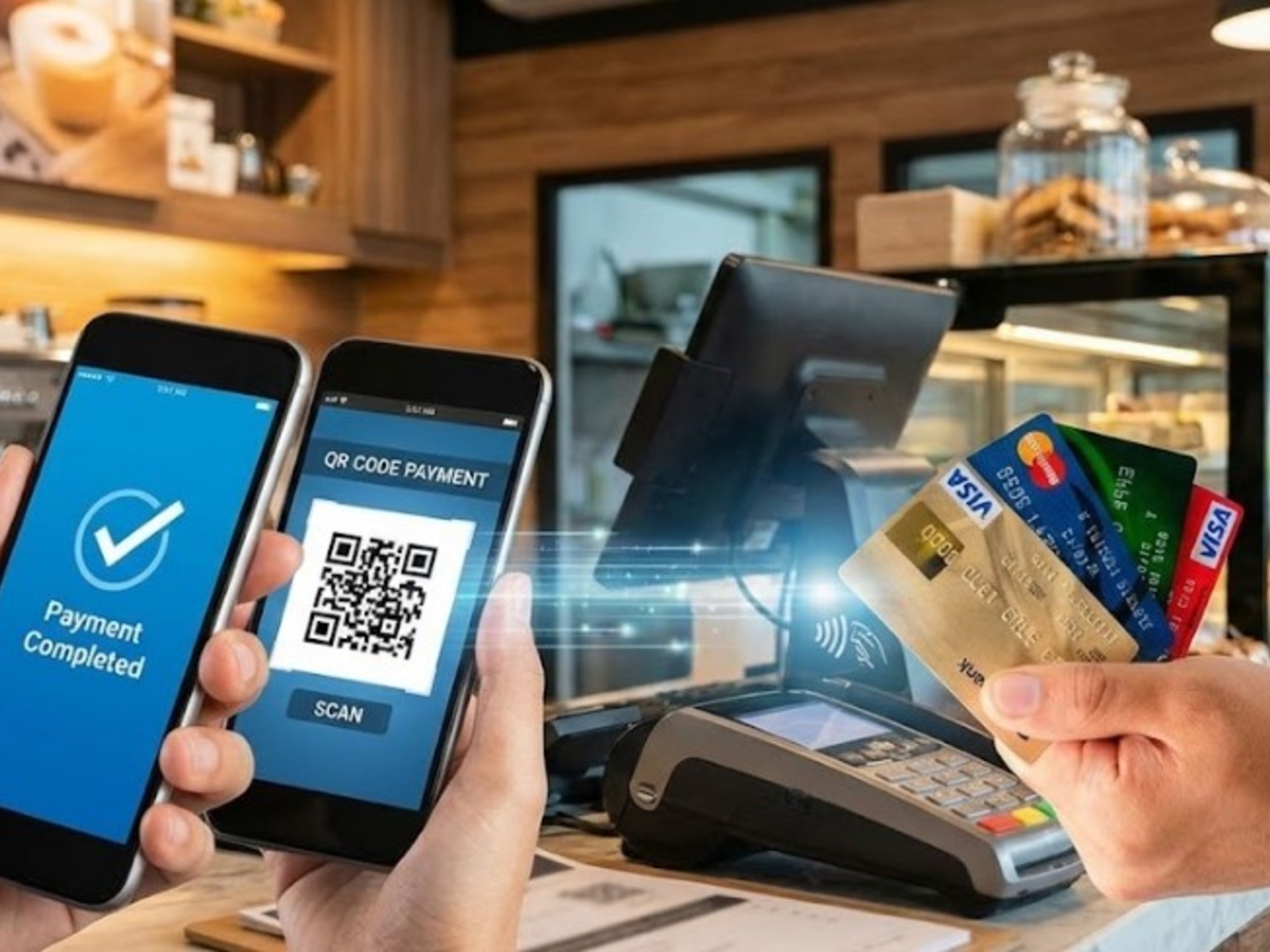 Una persona paga con su teléfono móvil utilizando una aplicación de billetera virtual en un comercio en Argentina.