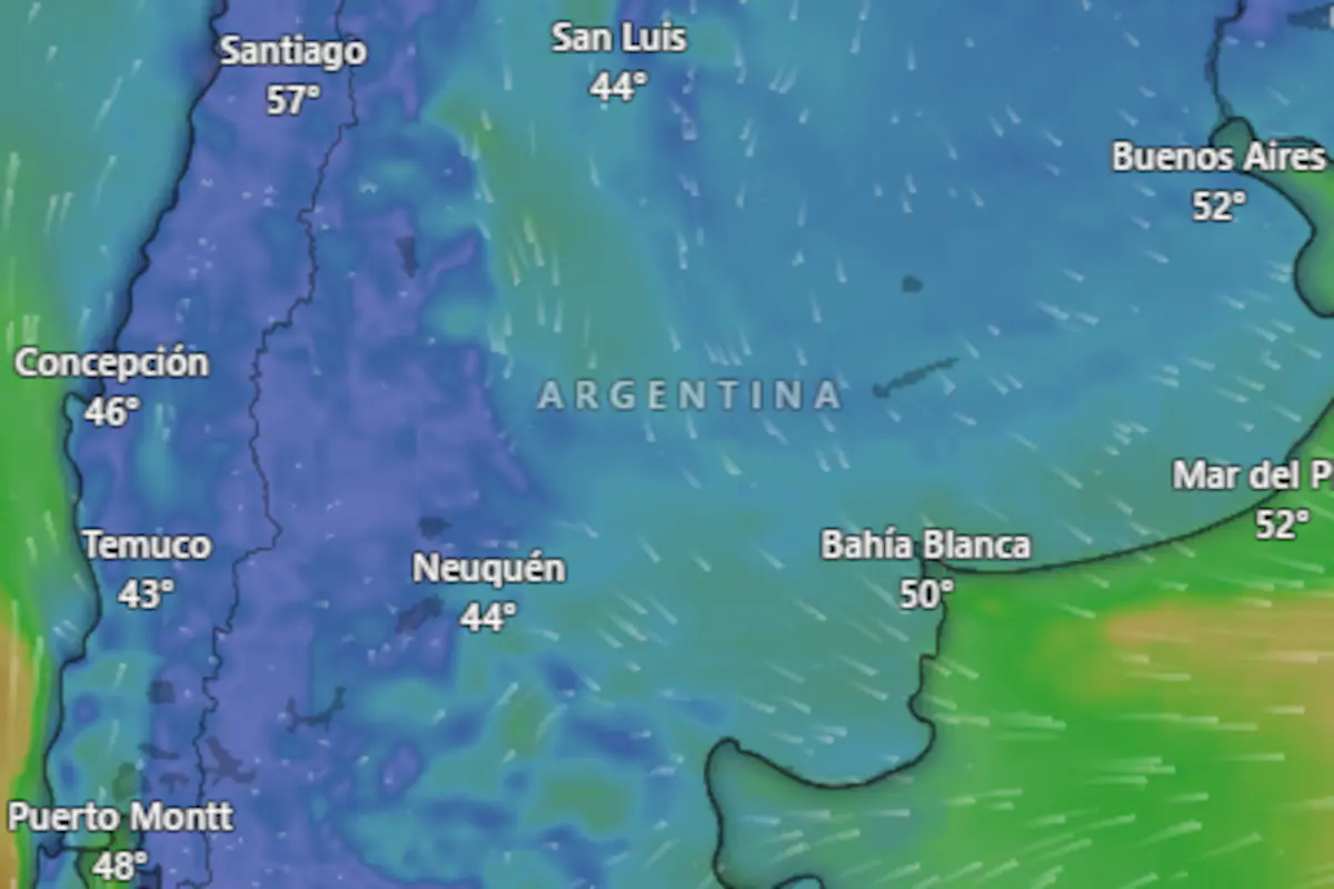 Mapa de Argentina indicando zonas con alerta amarilla por frío extremo