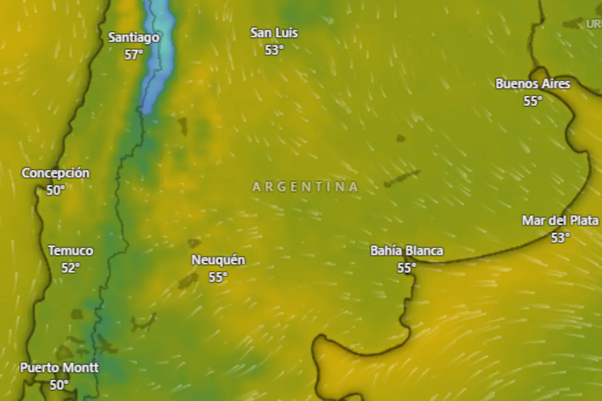 Mapa de Argentina con zonas marcadas por alerta amarilla de vientos y nevadas del SMN