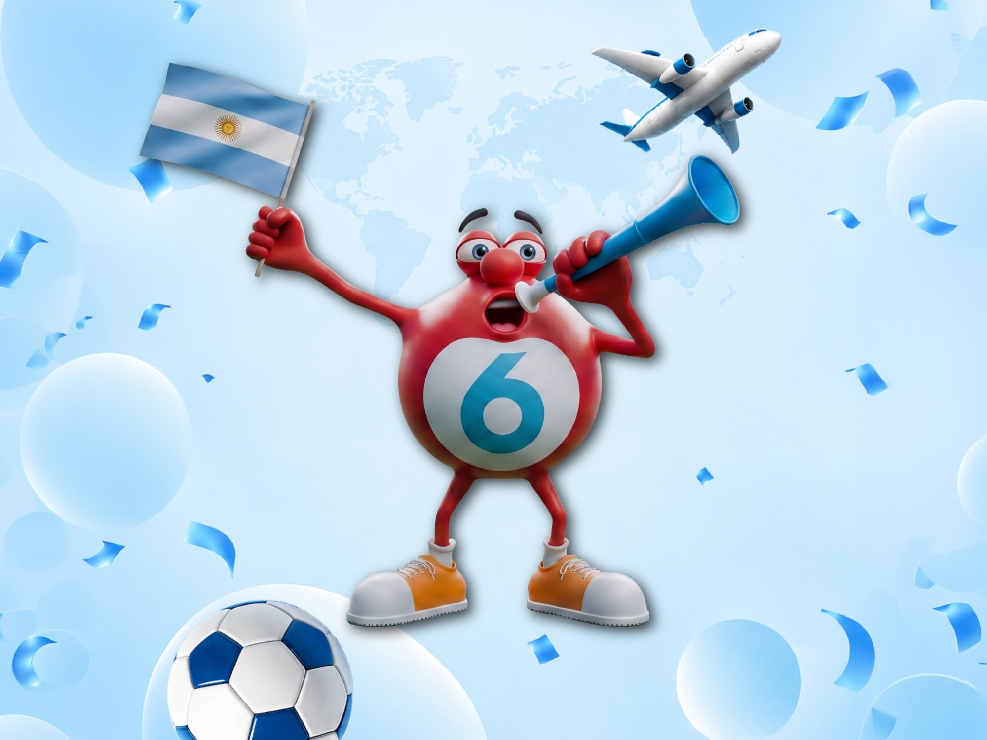 Logo del Quini 6 con motivos mundialistas y la bandera de Argentina de fondo.