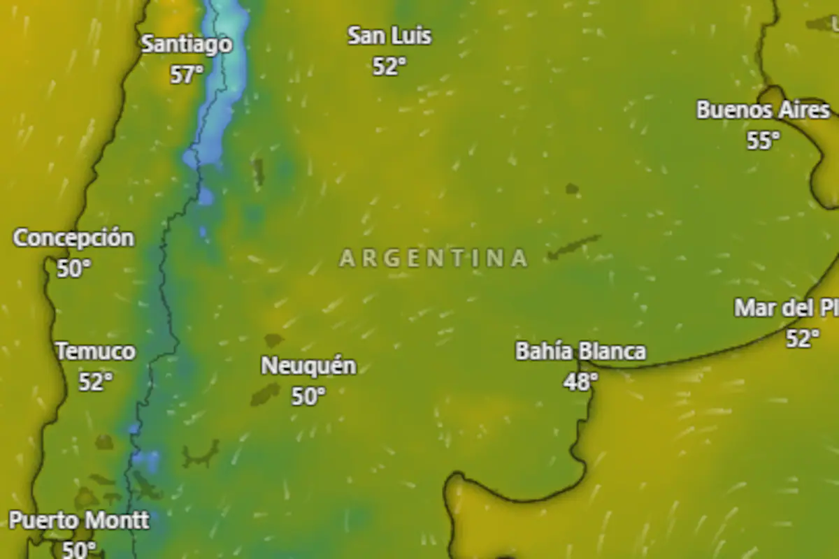 Mapa del Servicio Meteorológico Nacional mostrando las áreas con alerta meteorológica en Argentina.