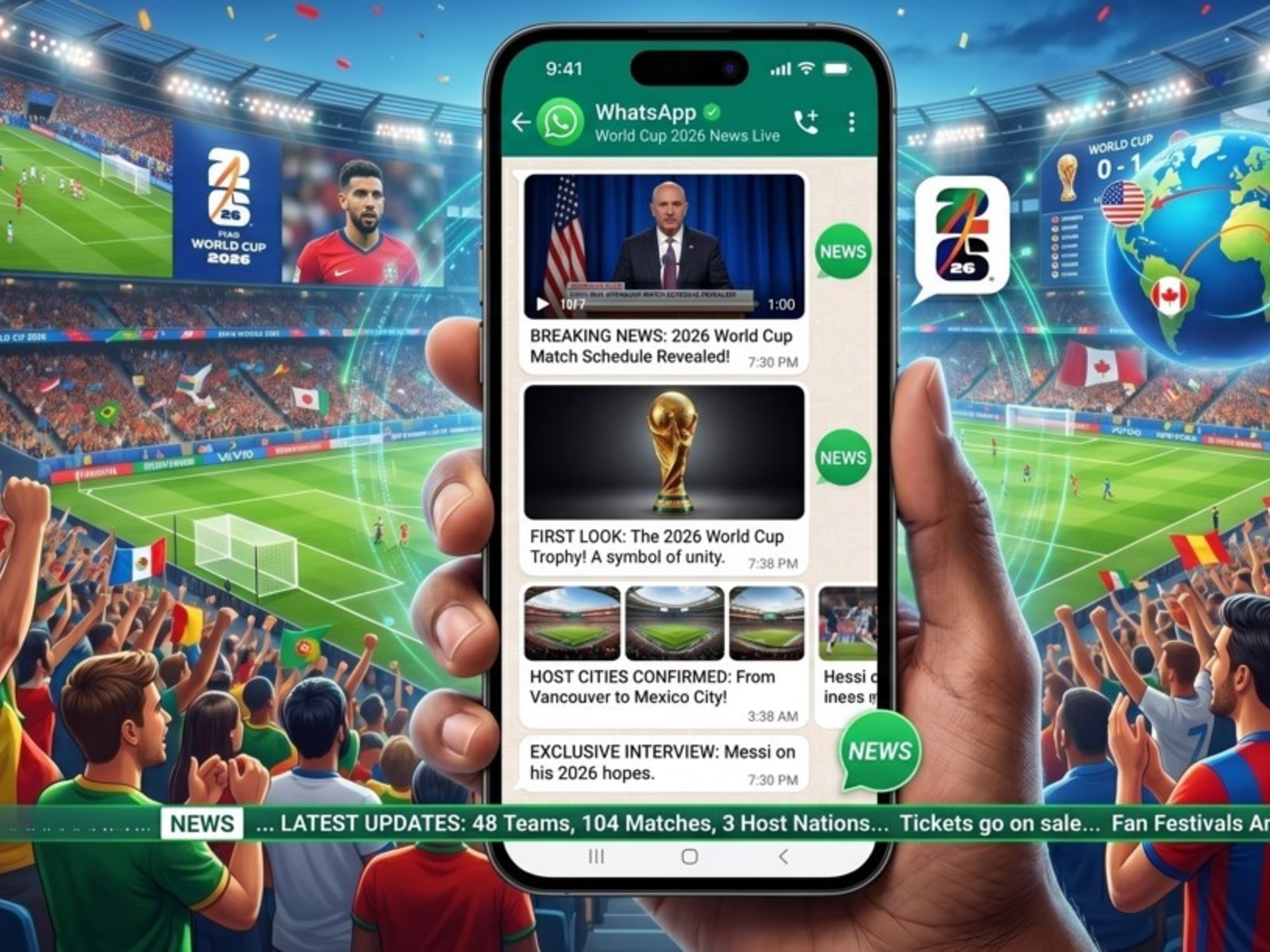 Logo de WhatsApp junto a un balón de fútbol y elementos gráficos alusivos al Mundial 2026 y Argentina.