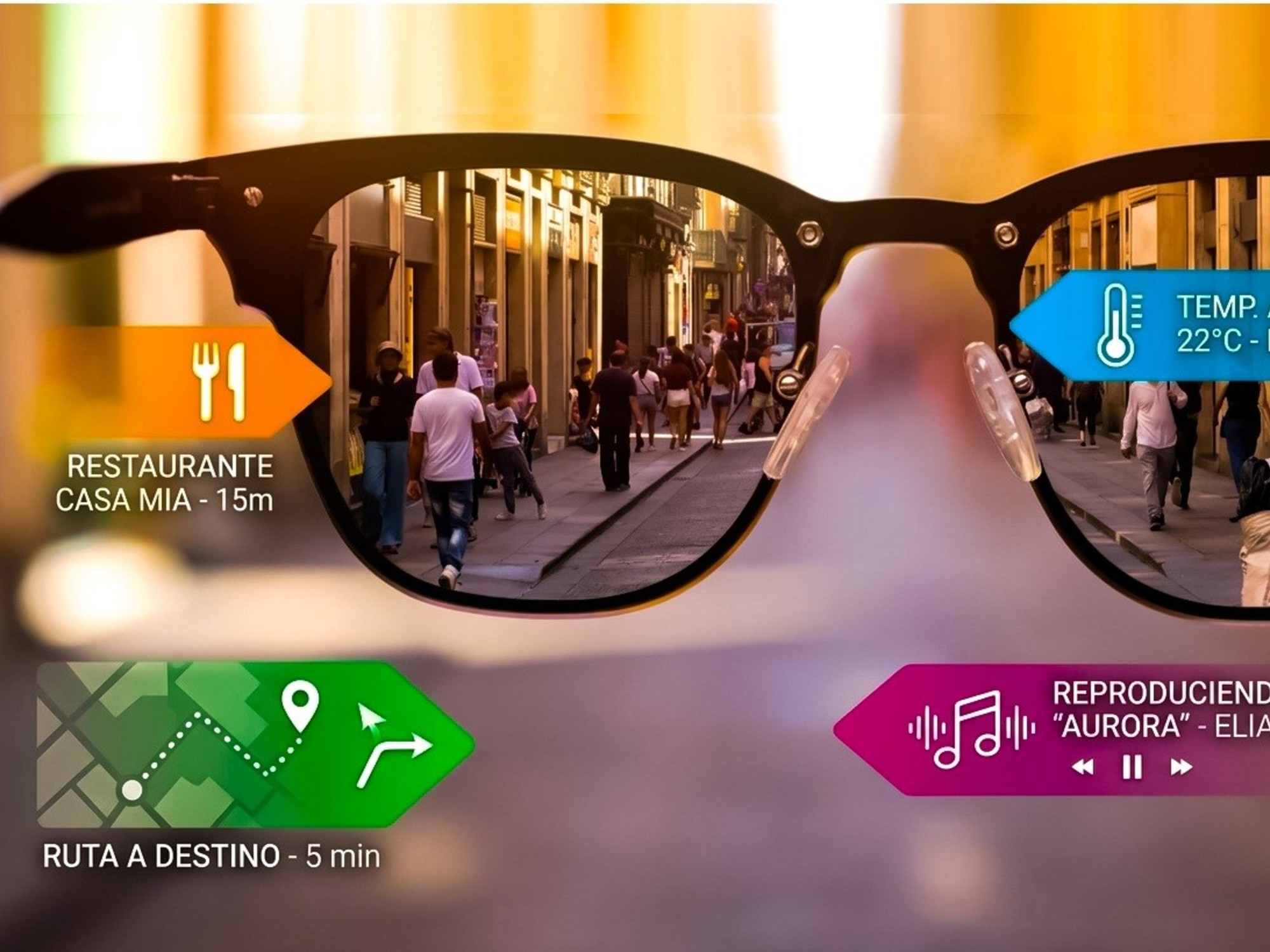 Persona utilizando lentes inteligentes avanzados con asistentes de IA en un entorno urbano argentino.