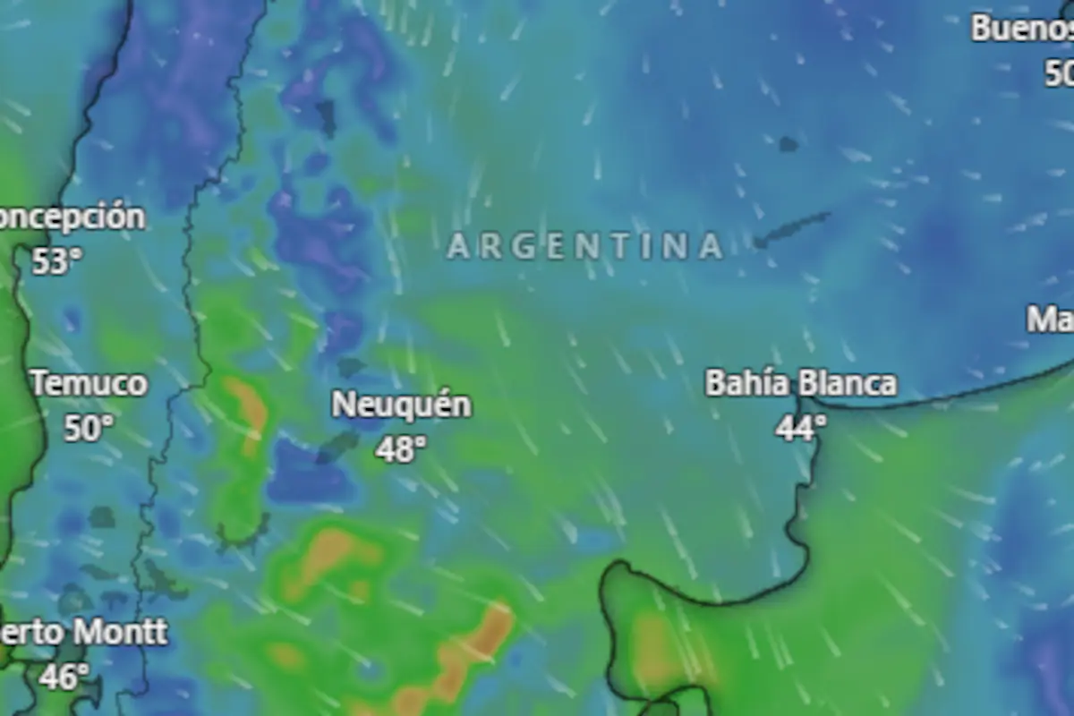 Mapa de Argentina señalando las provincias de Neuquén, Río Negro, Chubut y Tierra del Fuego, bajo alerta amarilla por condiciones climáticas adversas.