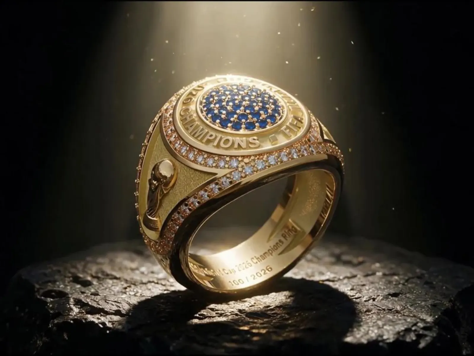 Anillo de campeón de la FIFA decorado con zafiros y diamantes, con la Copa del Mundo grabada.