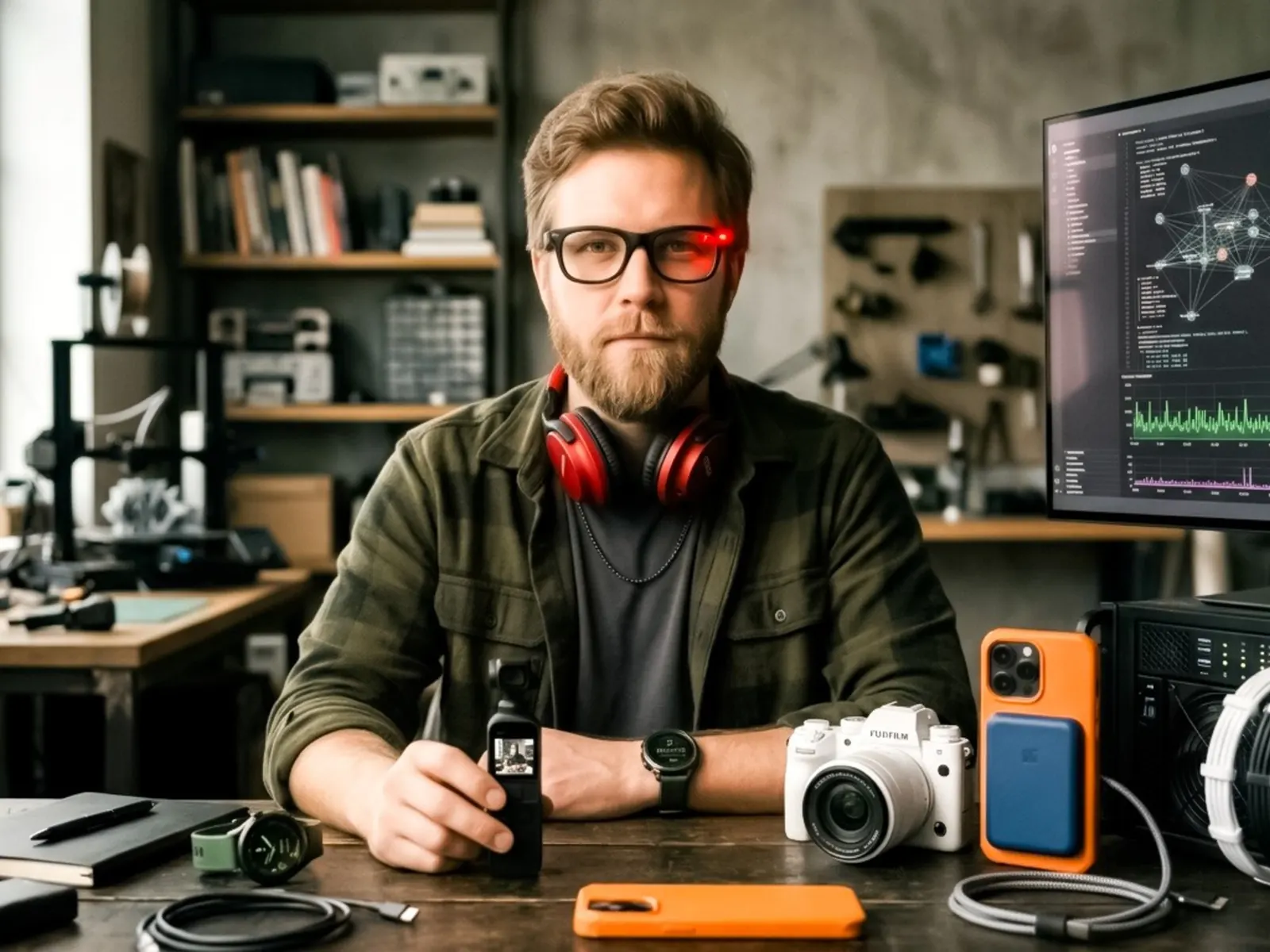 Persona utilizando un accesorio tecnológico moderno, como unos lentes inteligentes o un cargador magnético.