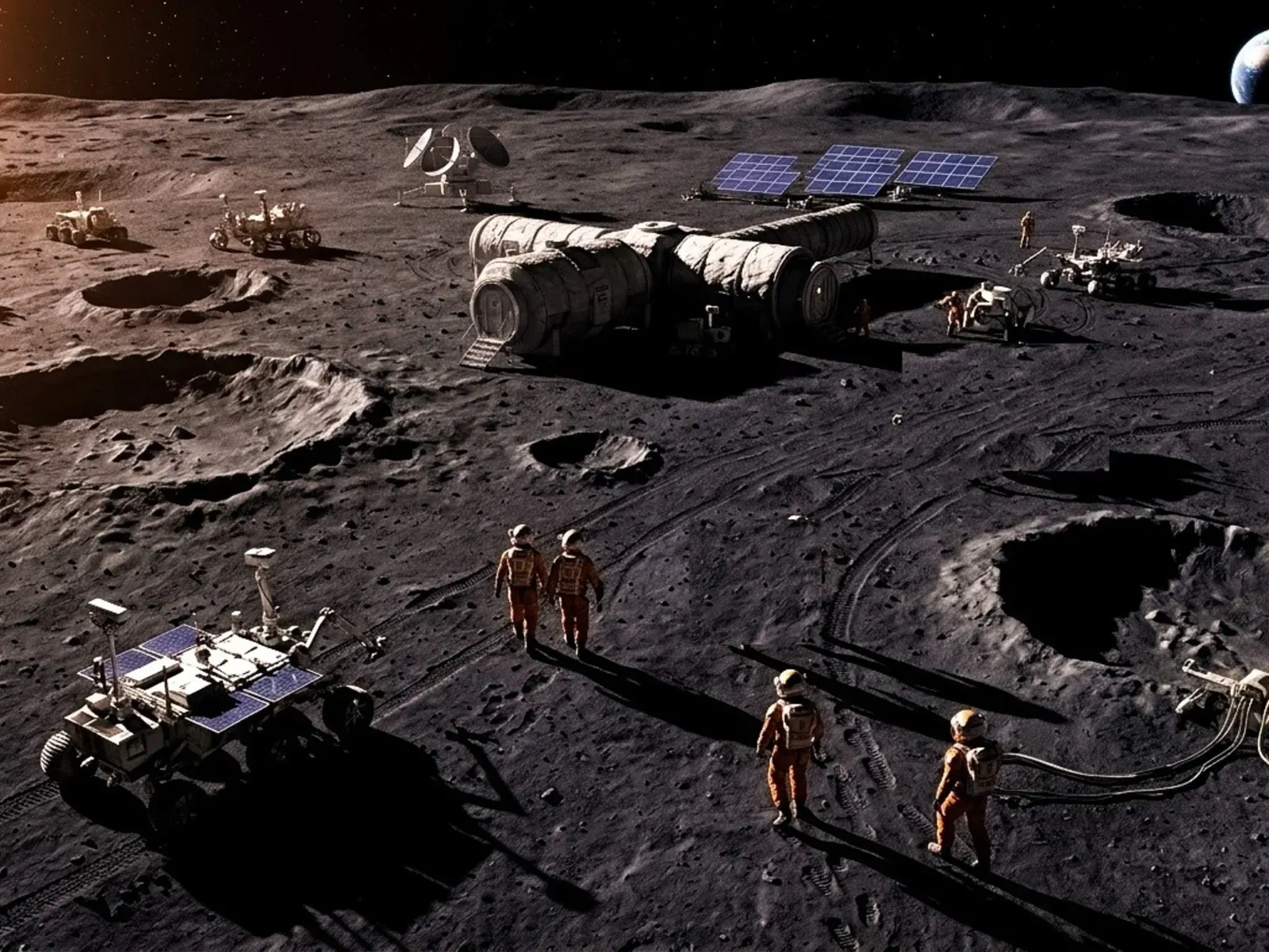 Representación artística de una base lunar permanente con astronautas trabajando cerca de módulos y equipos de exploración en la superficie lunar.