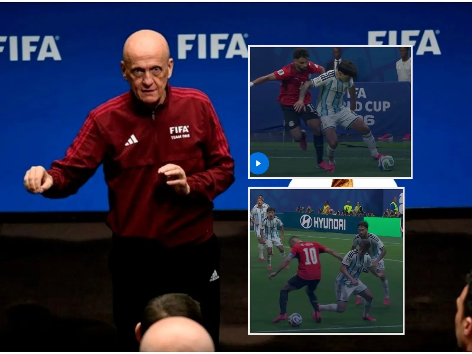 Pierluigi Collina, jefe de arbitraje de la FIFA, durante una conferencia de prensa donde aborda decisiones arbitrales.