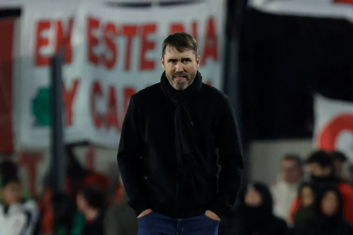 Eduardo Coudet, director técnico de River Plate, en una conferencia de prensa.